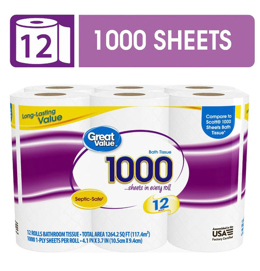 Great Value 1000 Sheets per Roll Toilet Paper, 12 Rolls