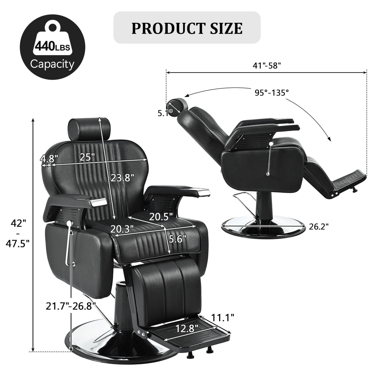 39F Inc. - Heavy Duty Reclining Hydraulic Barber Chair 360°Swivel Black